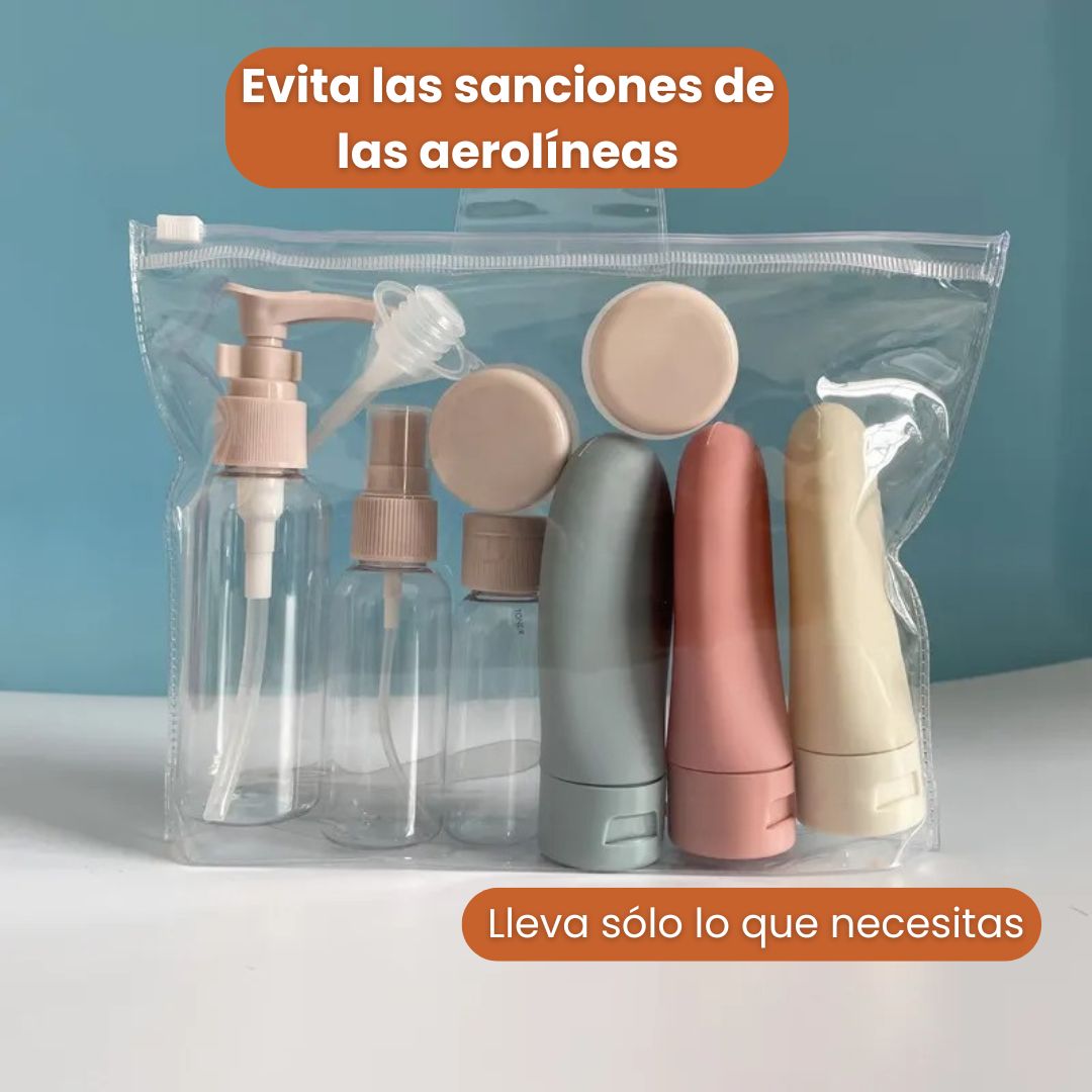 Set 9 de botellas de viaje de silicona