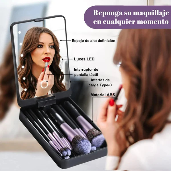 combo cosmetiqueras + espejos luz led Gratis 5 brochas