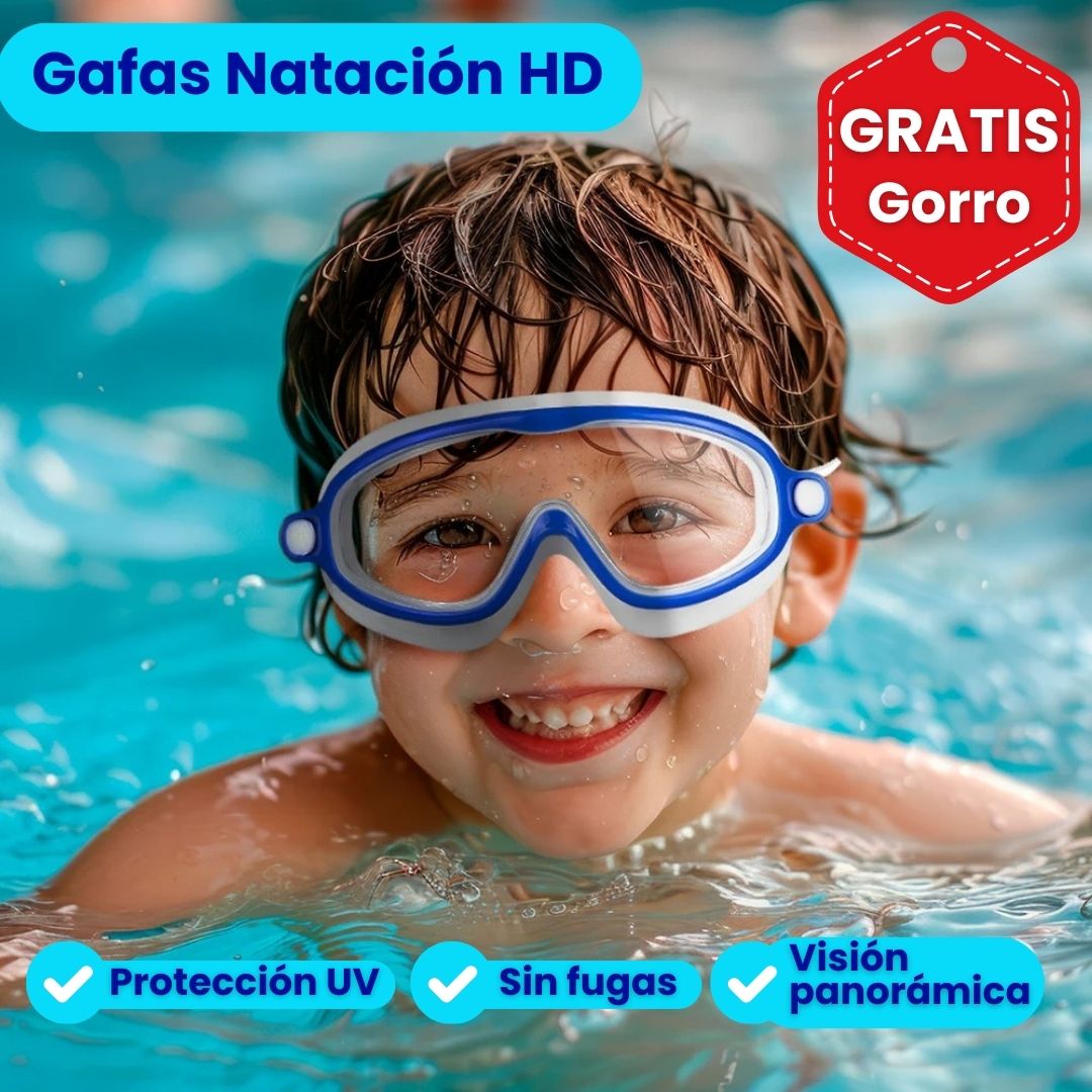 🔥Gafas de natación HD de montura grande impermeables y antivaho para niños + Gorro De Natación⚡