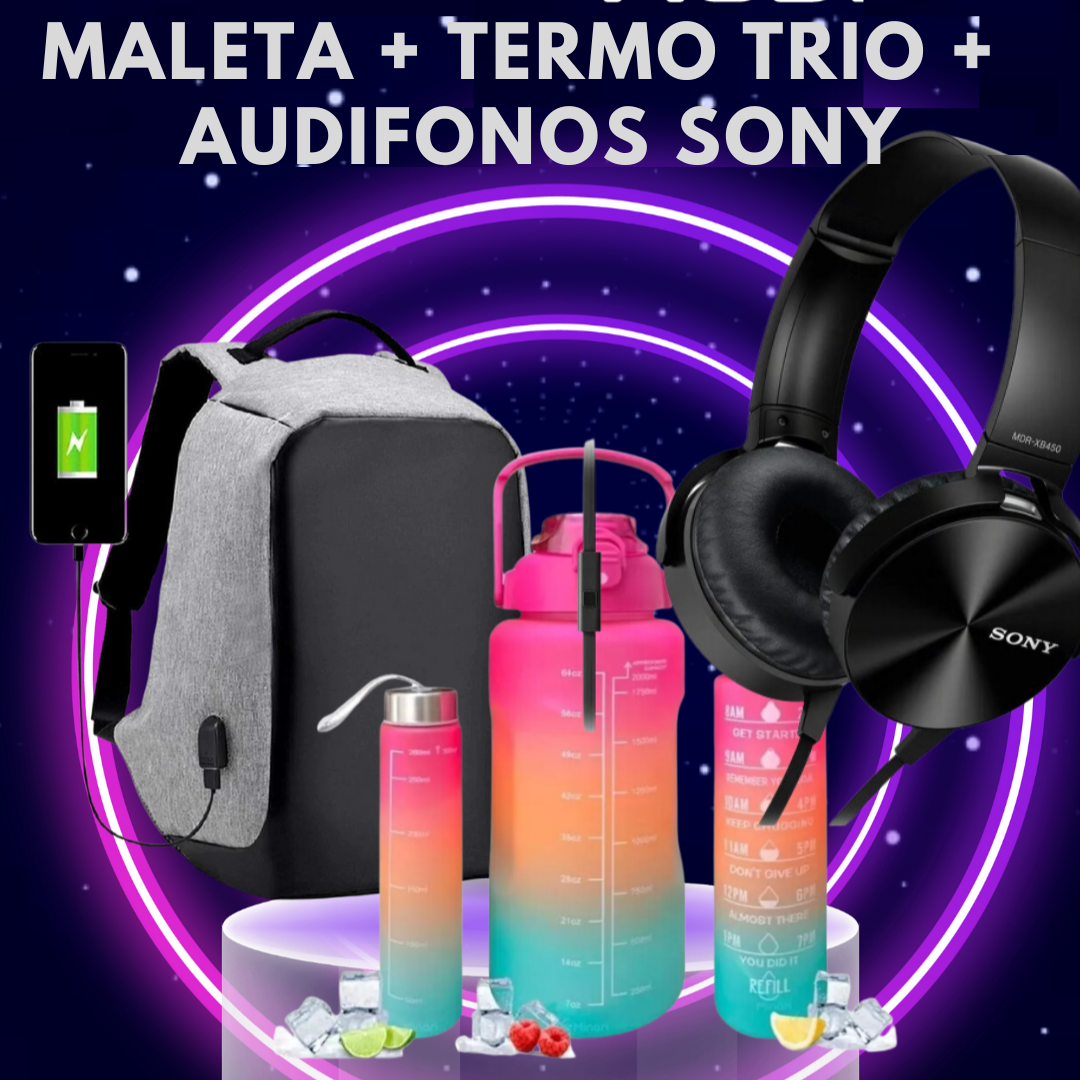 MEGA COMBO: MORRAL + 3 TERMOS + AUDÍFONOS