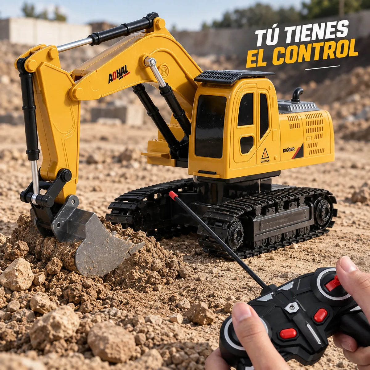 Excavadora a control remoto, 6 canales con pala de metal y luces, rotación de 360°