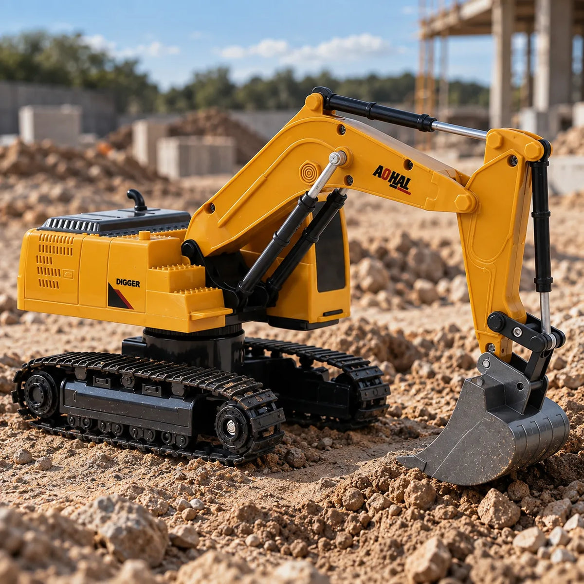 Excavadora a control remoto, 6 canales con pala de metal y luces, rotación de 360°