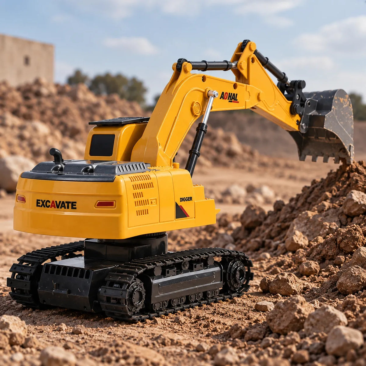 Excavadora a control remoto, 6 canales con pala de metal y luces, rotación de 360°