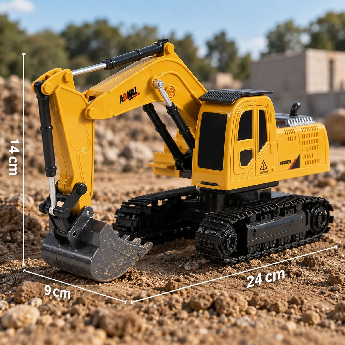Excavadora a control remoto, 6 canales con pala de metal y luces, rotación de 360°