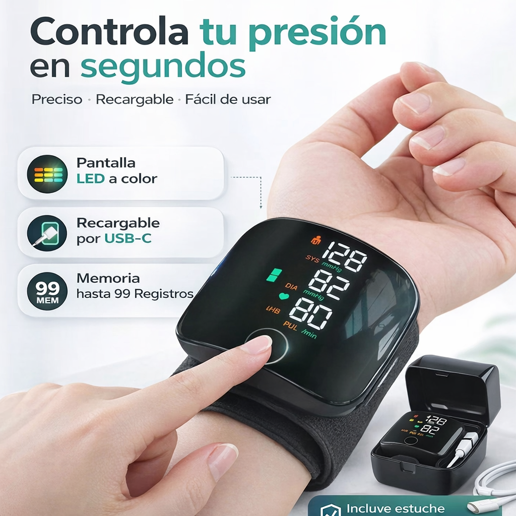 Tensiómetro Digital de Muñeca Recargable con Pantalla LED