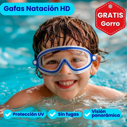 🔥Gafas de natación HD de montura grande impermeables y antivaho para niños + Gorro De Natación⚡