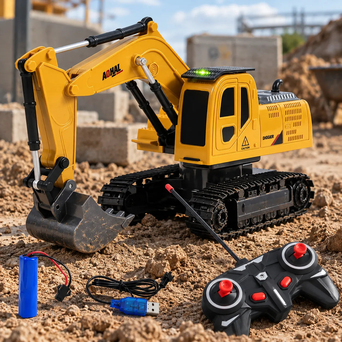 Excavadora a control remoto, 6 canales con pala de metal y luces, rotación de 360°