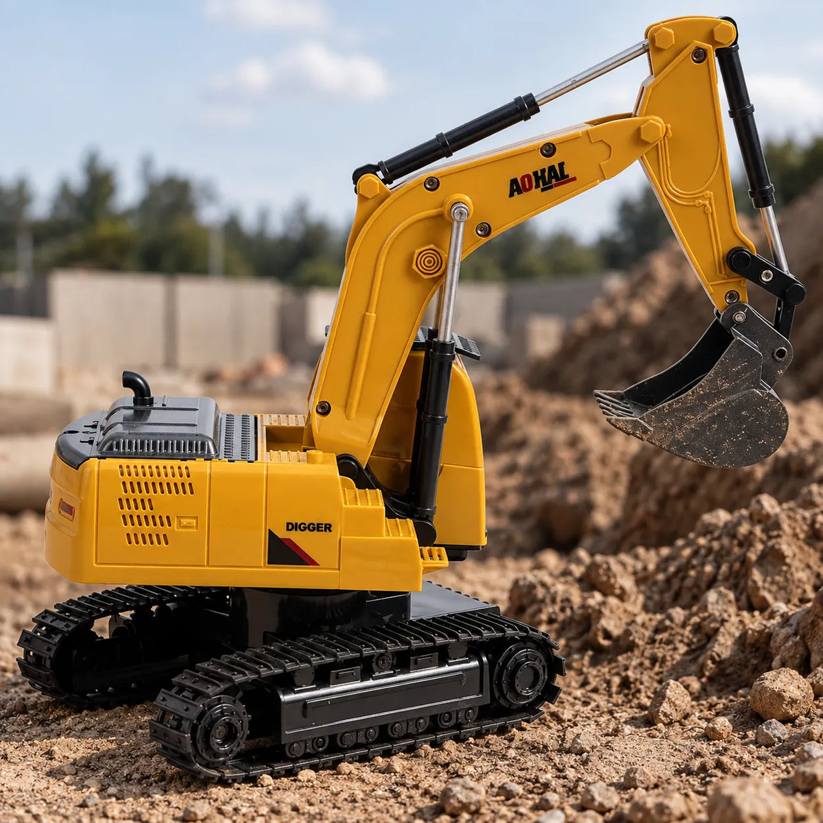 Excavadora a control remoto, 6 canales con pala de metal y luces, rotación de 360°