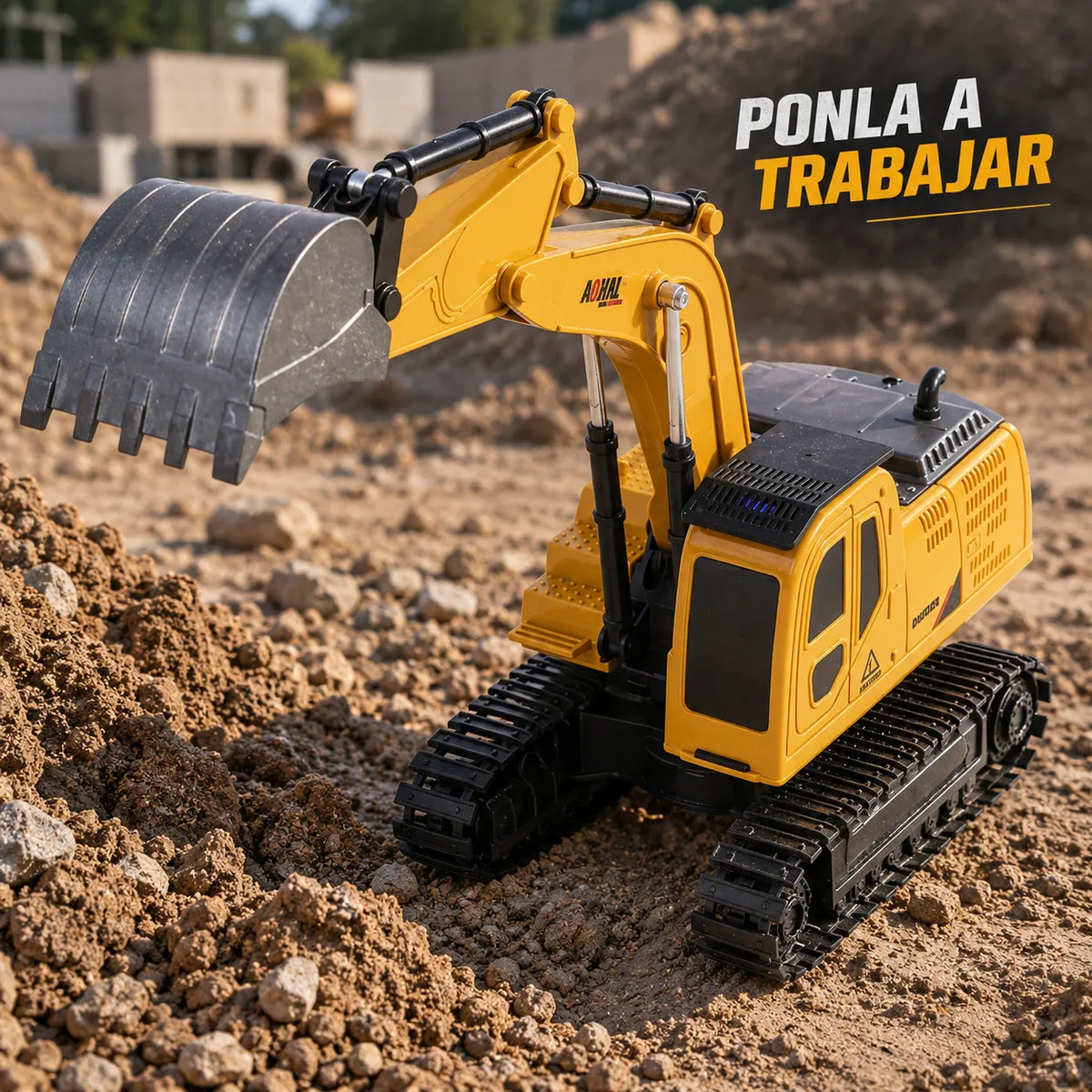 Excavadora a control remoto, 6 canales con pala de metal y luces, rotación de 360°