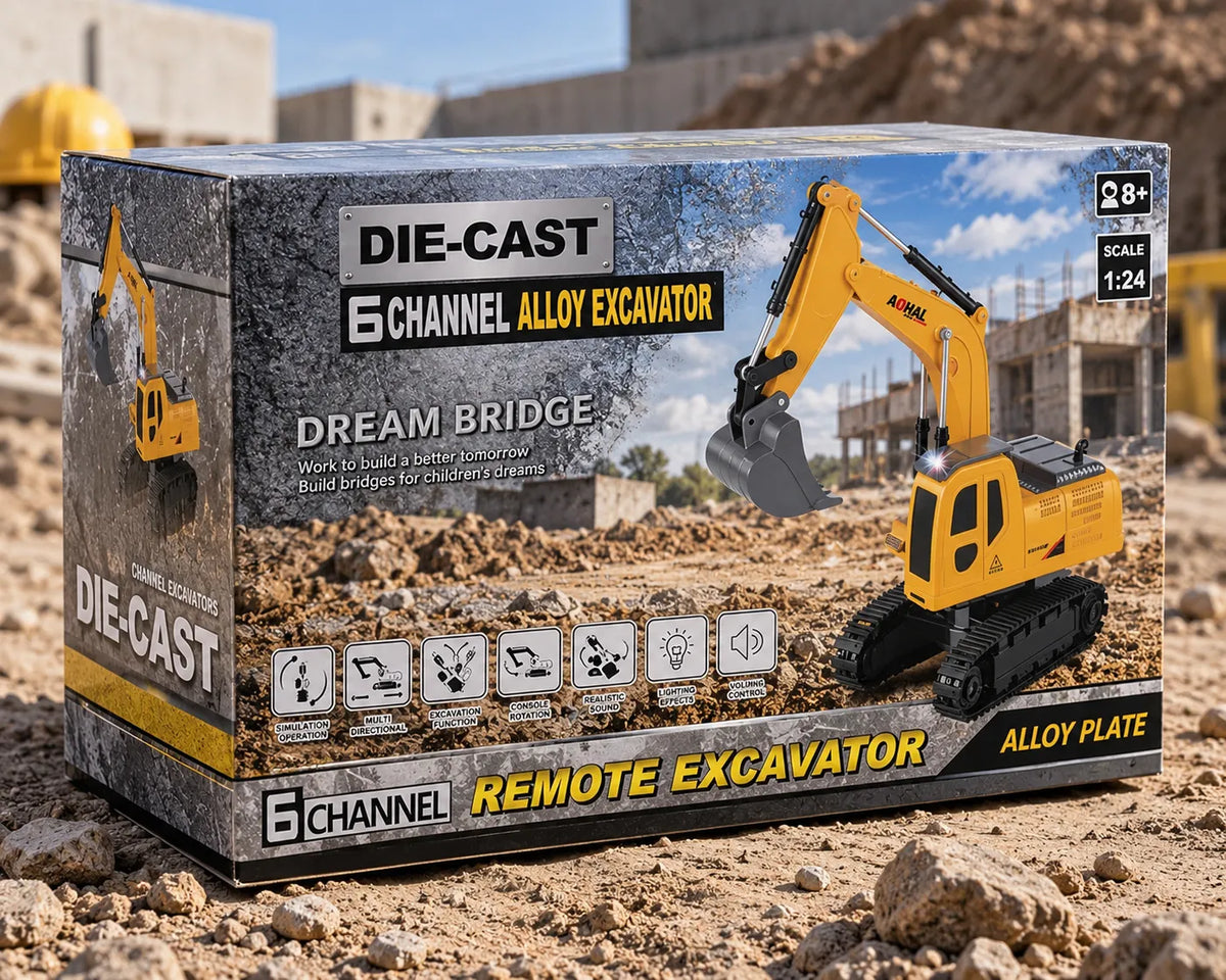 Excavadora a control remoto, 6 canales con pala de metal y luces, rotación de 360°